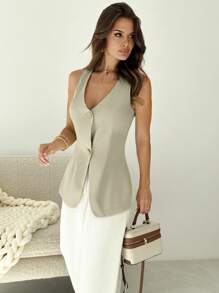Firerie Women Casual Minimalist Metal Buckle Vest Suit Jacket, For Commuting, Work, Back To School