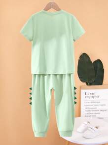 SHEIN مجموعة تي شيرت كاجوال بأكمام قصيرة وبتصميم قصدير 3D مطبوع وبنطلون للأنشطة الخارجية في الربيع والصيف، مناسبة للاستخدام اليومي والرياضي للأولاد الصغار 2 قطعة