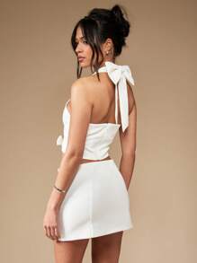 MISSGUIDED Conjunto de dos piezas de punto con lazo en el frente, falda mini texturizada, coordinado de invierno para mujer, moda casual, atuendo primaveral para salir de fiesta