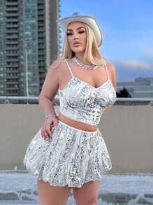 SHEIN SXY Ensemble 2 pièces grande taille pour femmes: Débardeur en soie de lait avec patchwork de sequins argent et jupe tulipe avec ourlet de sequins