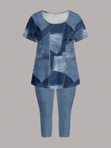 EMERY ROSE 2pcs/Set Plus Size Women Casual Patchwork Denim Effect T-Shirt And 3/4 Leggings Set, Summer