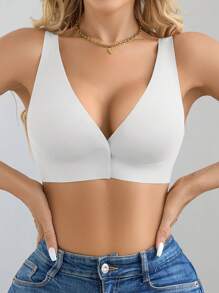NudeFit 1 Stück bequemer Bügelloser BH mit tiefem V-Ausschnitt, Knopfleiste und abnehmbaren Pads, einfarbig