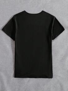 女式休闲 V 领 T 恤，带字母印花，涤纶 95% 氨纶 5%，针织面料，夏季短袖上衣，T 恤 - 黑色 - 查看 2