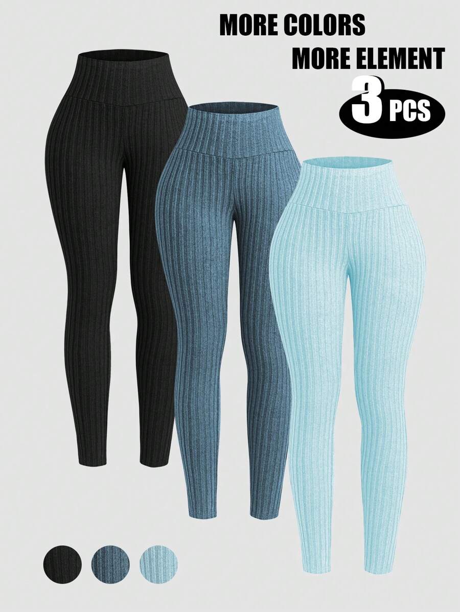 INAWLY 3pcs/Set Solid Color Ribbed Leggings For Women Fall Cloth For Women - Multicolor - View 1
