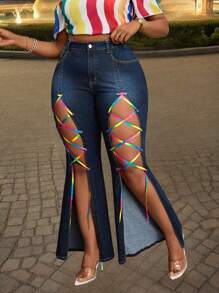 Quần Jeans Ống Loe Denim Cỡ Lớn Có Tua Rua Nhiều Màu - Rửa tối - Xem 4
