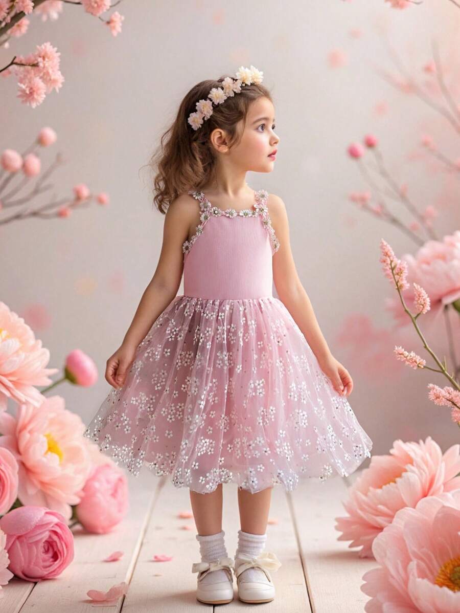 SHEIN 年轻夏季田园时尚无袖网眼连衣裙，适合家庭聚会、度假、派对和宴会 - 粉色 - 查看 1