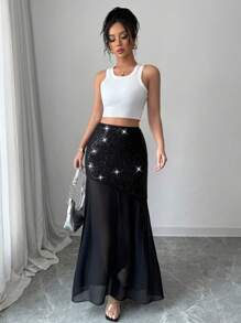 Chiquease Sequin Patchwork Cinched Waist Asymmetrical Colorblock Skirt - Black - View 5
