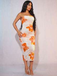 SHEIN SXY Abito aderente tubino con stampa floreale, elegante, per vacanze, appuntamenti hawaiani serali, schiena scoperta, estivo - Arancia Bruciata - Visualizzare 3