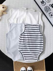 5件套新生儿男女宝宝夏季可爱针织条纹无袖连体衣，室内/室外基础叠穿套装 - 彩色 - 查看 2