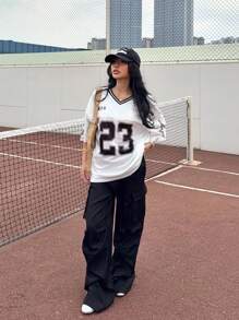 Muchica Women Aummer Graphic Number & Letter Print Basketball Jersey T-Shirt Top & Black Cargo Pocket Pants 2 Pieces Casual Streetwear Suit