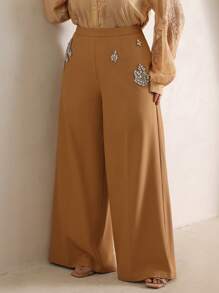 Anewsta 大码优雅时尚串珠水晶缀饰阔腿西装裤，适合新年、情人节度假 - 駝色 - 查看 6