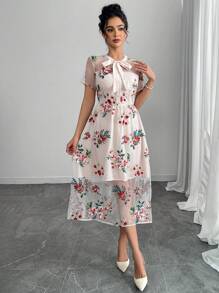 Breezaya Women's Asymmetric Floral Pattern Embroidered Mesh Patchwork Waist Midi Dress - Apricot - View 7