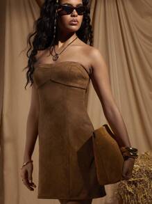COSMINA Váy mini da lộn ống màu rám nắng cho nữ, thanh lịch cho mùa xuân/hè - màu nâu - Xem 4