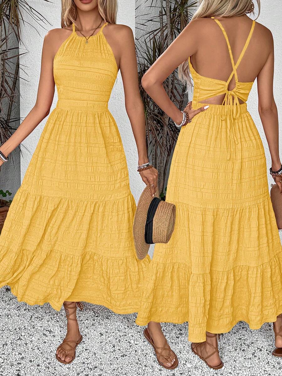 Breezaya 女士休闲系带褶皱下摆长裙超长度假海滩装 - 黃色 - 查看 1