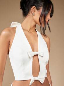 MISSGUIDED Halter Bow Tie Waistcoat Crop Top Summer Festival Party Club Wear Sleeveless Fashion Vest - White - View 6