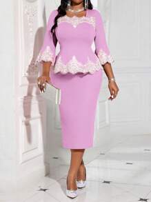 Fleurora Top y falda de talla grande elegante para otoño e invierno, el nuevo año y fiestas, de punto con cuello cuadrado, lápiz, contraste de encaje y volantes en el cuello, manga tres cuartos, color púrpura