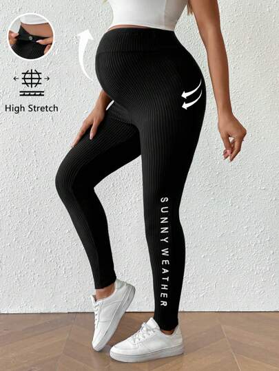 SHEIN Maternity Letter Print Adjustable Waist Casual Leggings