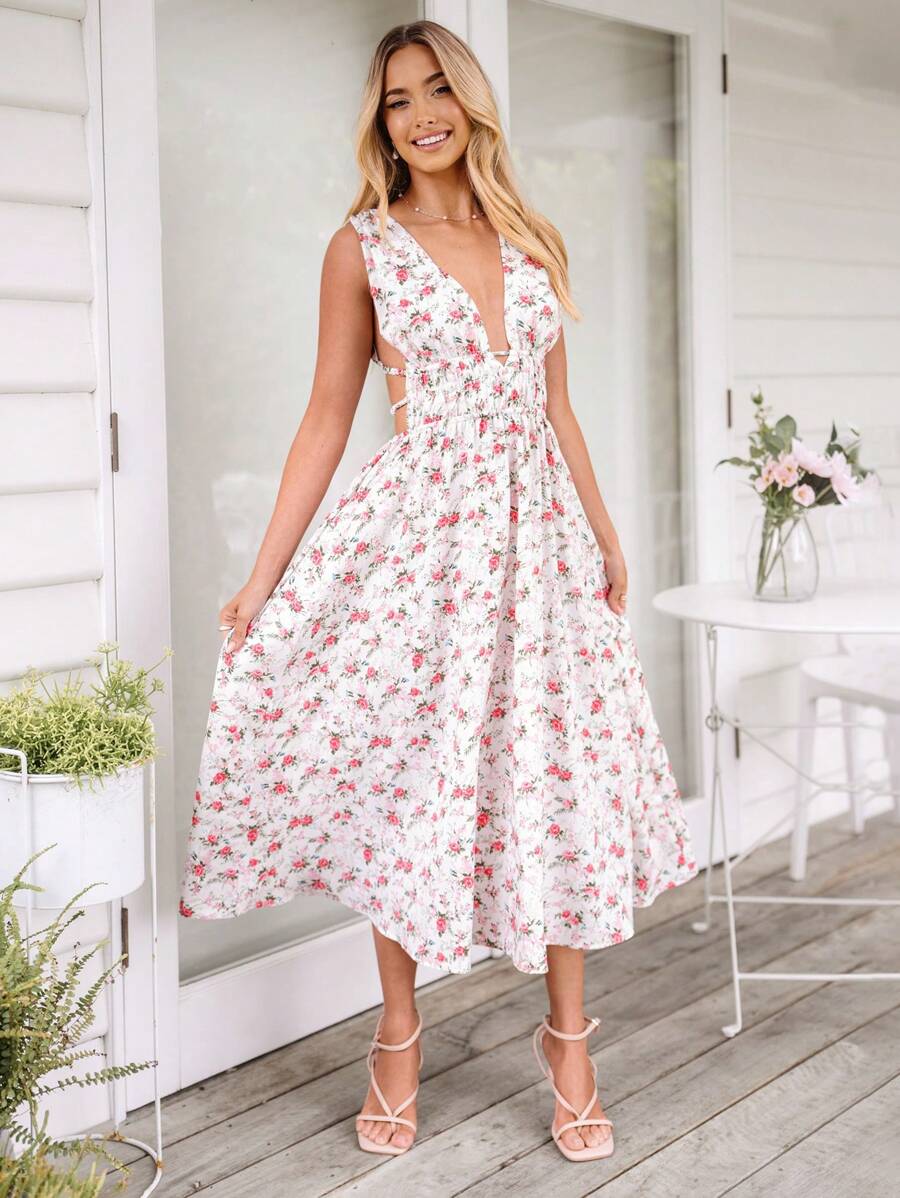 SHEIN VCAY Women's Elegant Ditsy Floral Backless Sleeveless Midi Dress,Floral Dress Women,Floral Dress Women,Elegant - White - View 1