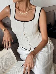 SHEIN Frenchy Áo cánh hở lưng buộc dây phía trước phối ren màu tương phản thanh lịch dành cho nữ, áo ngực cổ vuông, viền ren đen tương phản, nơ sau lưng, phong cách Old Money, vải có họa tiết phù hợp mặc hàng ngày, mùa xuân/hè - Nhiều màu - Xem 3