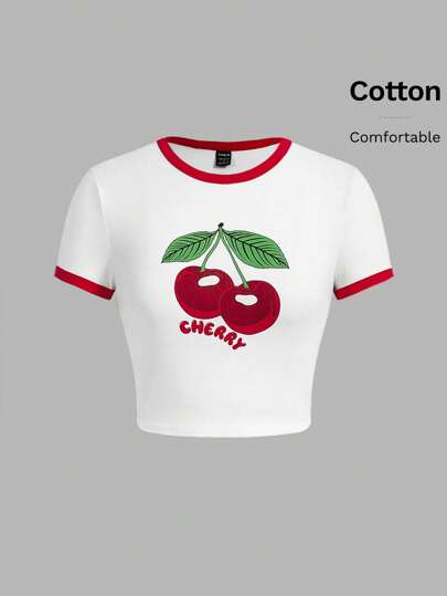 SHEIN EZwear 女款紅白色區塊短袖t卹,印有櫻桃圖案