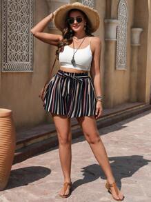 Breezaya Shorts casuales de talla grande para mujer con cintura elástica y moño, de colores a rayas