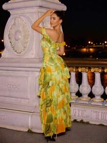 SHEIN SXY Sundress;Summer Cami Yellow &Green Tie-Dye Print Tiered Layer Ruffle Hem High Slit Multicolor Women's Dress
