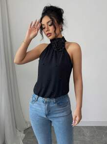 Elenzga Women 3D Floral Decor Halter Neck Bodysuit - Black - View 1