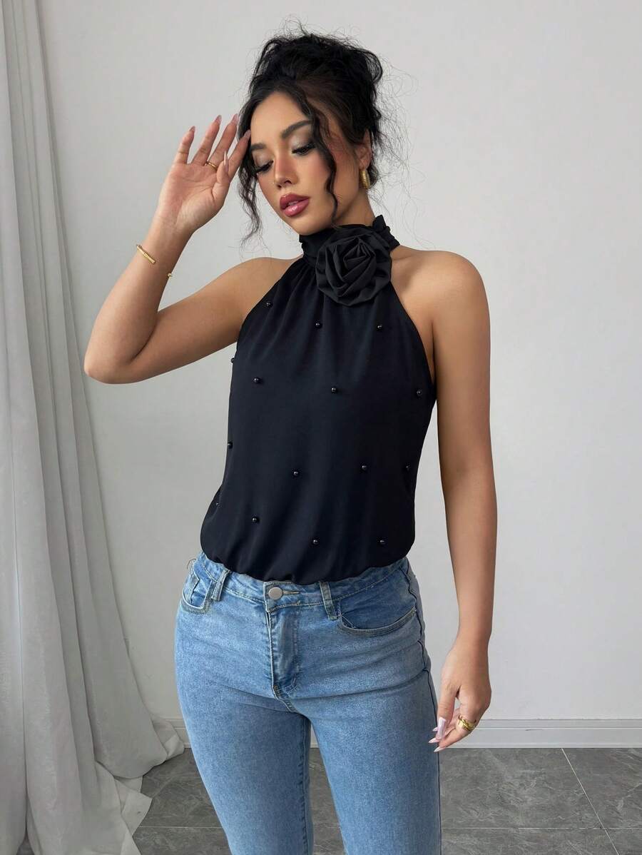 Elenzga Women 3D Floral Decor Halter Neck Bodysuit - Black - View 1