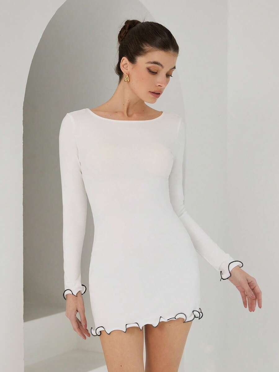SHEIN X Lucía Bellido SHEIN ChicEase 法式浪漫性感紧身迷你连衣裙，单肩荷叶边短袖下摆，超短款女士节日派对连衣裙 - 白色 - 查看 1