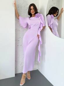 Firerie Vestido corto de manga corta, de cintura alta y corte evasé, en color rosa-púrpura, con volantes y estampado floral, elegante y romántico, ideal para el Día de San Valentín, el Ramadán o de vacaciones