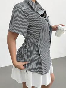 POPSWAY Women Plus Size Striped Short Sleeve Cinched Waist Loose Casual Shirt