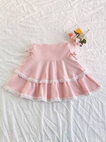 SHEIN 女童田园优雅公主针织提花蕾丝蛋糕裙，春夏 - 粉色 - 查看 4