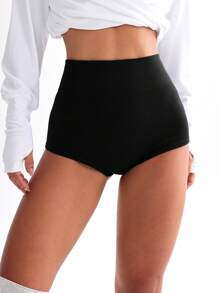 Easithlete Quần short thể thao thể thao cạp cao màu trơn cho nữ - màu đen - Xem 7