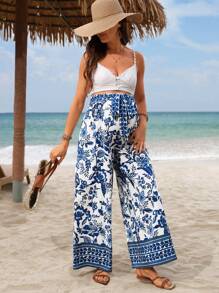 SHEIN Maternity Boho Floral Print Belted Wide Leg Pants - Blue and White - View 7