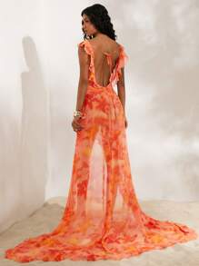 Opulessa Trang phục đi biển mùa hè cho phụ nữ Lễ hội âm nhạc Boho Váy cưới lưới thanh lịch gợi cảm in họa tiết hở lưng cho nữ - trái cam - Xem 2