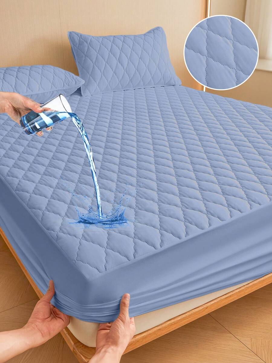 1件床笠，床上用品，床垫保护套，床罩，菱形格纹床笠，舒适家纺，透气防起球床垫保护套，纯色菱形床罩，卧室装饰，装饰床罩 - 藍色 - 查看 1