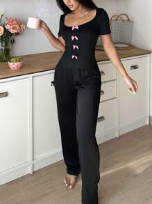Casual Bow Accent Short Sleeve Top & Pants 2 Pieces Pajama Set For Women, Lounge Outfit
