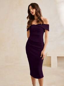 Anewsta 女士优雅现代露肩修身中长连衣裙，节日外出度假装 - 紫色 - 查看 3