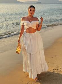 Sunnyshic Váy chữ A dệt tua rua cỡ lớn cho kỳ nghỉ của phụ nữ - Màu be - Xem 1