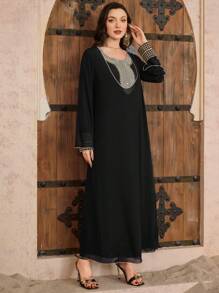 Al Najma Women's Spring/Summer 2 Pieces Set - Embroidered Turkish Maxi Dress & Arabic Traditional Dress, Modest Kaftan - Black - View 3