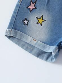 Baby Girls Star Embroidered Reverse Hem Design Denim Shorts, Casual Simple Versatile Washed Jeans - Medium Wash - View 7