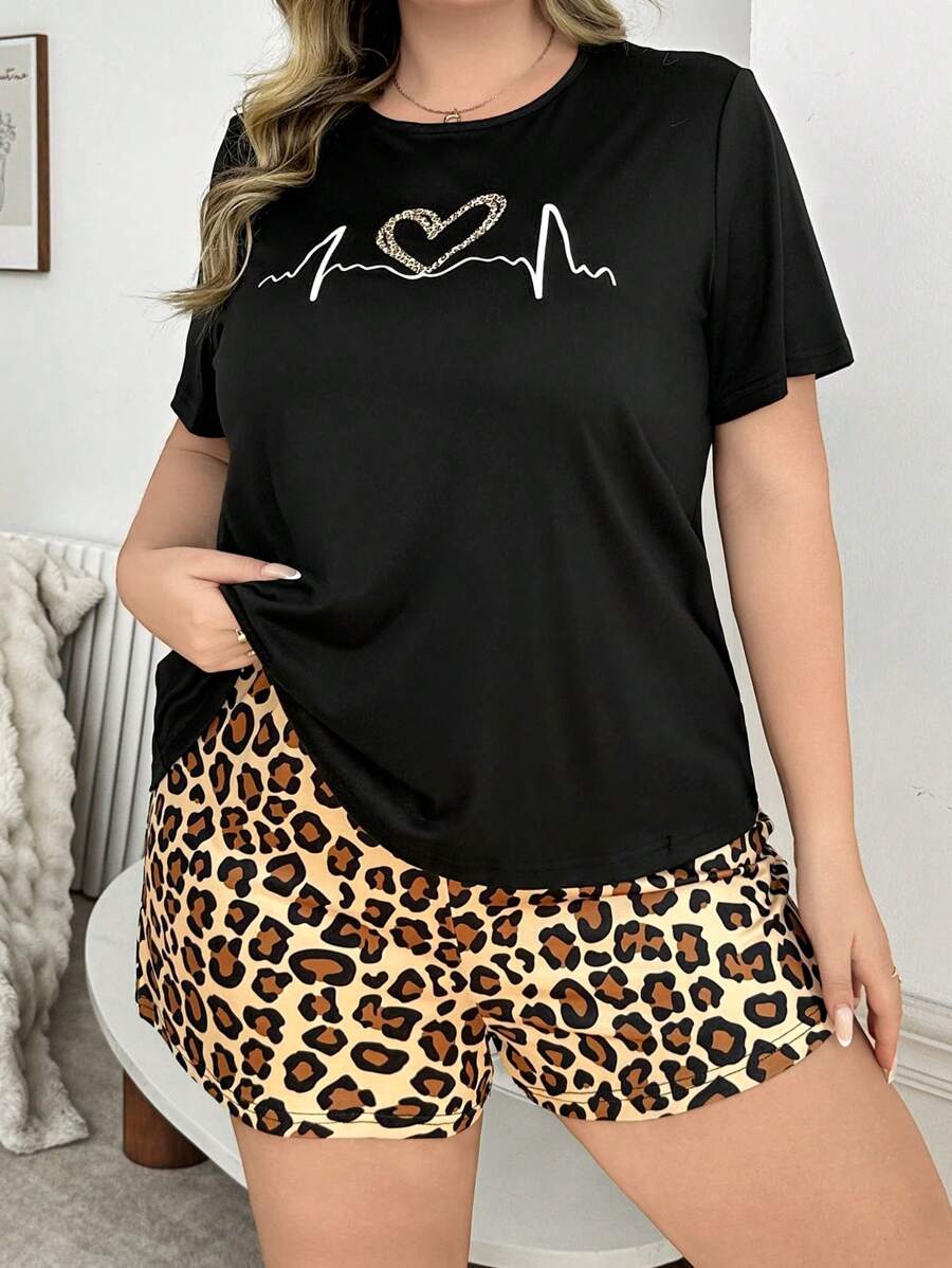 Heart Print Short Sleeve Top And Leopard Shorts Plus Size Pajama Set - Black - View 1
