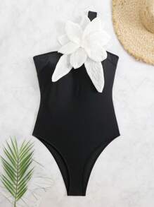 SHEIN X Sofía Suescun SHEIN Swim Springbreak White Floral Patched Asymmetrical Neck Fashionable And Elegant Women One-Piece Swimsuit, Summer Beach Vacation One-Piece Bathing Suit - Black - View 8