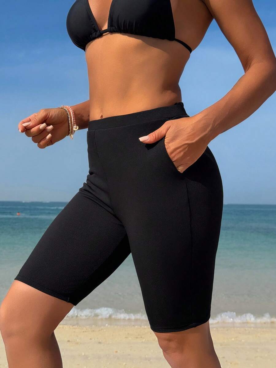 Swim SPRTY Women Black Ribbed High Waisted Minimalist Athletic Swim Shorts, Summer Beachwear