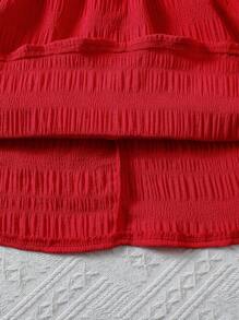 年轻女孩优雅新款夏季公主风格拼布荷叶边领珠饰泡泡袖连衣裙 - 紅色 - 查看 6