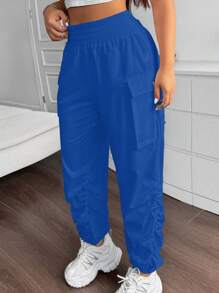 Flirla Pleated Pocket Plain Pants, Simple Fashionable Design Suitable For Summer - Royal Blue - View 3