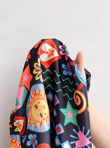 Soleia Plus Size Women Summer Satin Printed Front Slit Straight Fit Bodycon Skirt With Colorful Whimsical Sun Print, Vacation Style Christmas Clothes