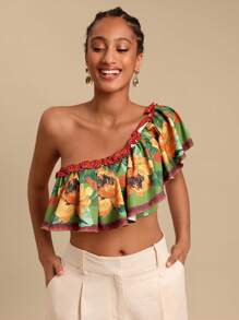 Travachic Blusa casual de vacaciones con cuello asimétrico y estampado floral para mujer, atuendos de verano para mujer, blusas de verano