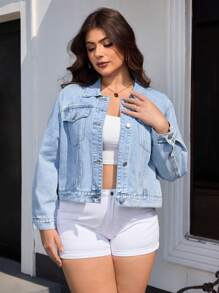 SHEIN Essnce 大码前扣长袖口袋休闲牛仔夹克