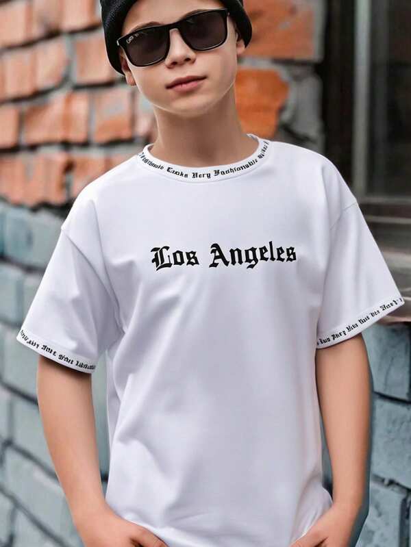 SHEIN Teen Boy Streetwear Pulover tricotat cu gât rotund Tricou imprimat cu litere